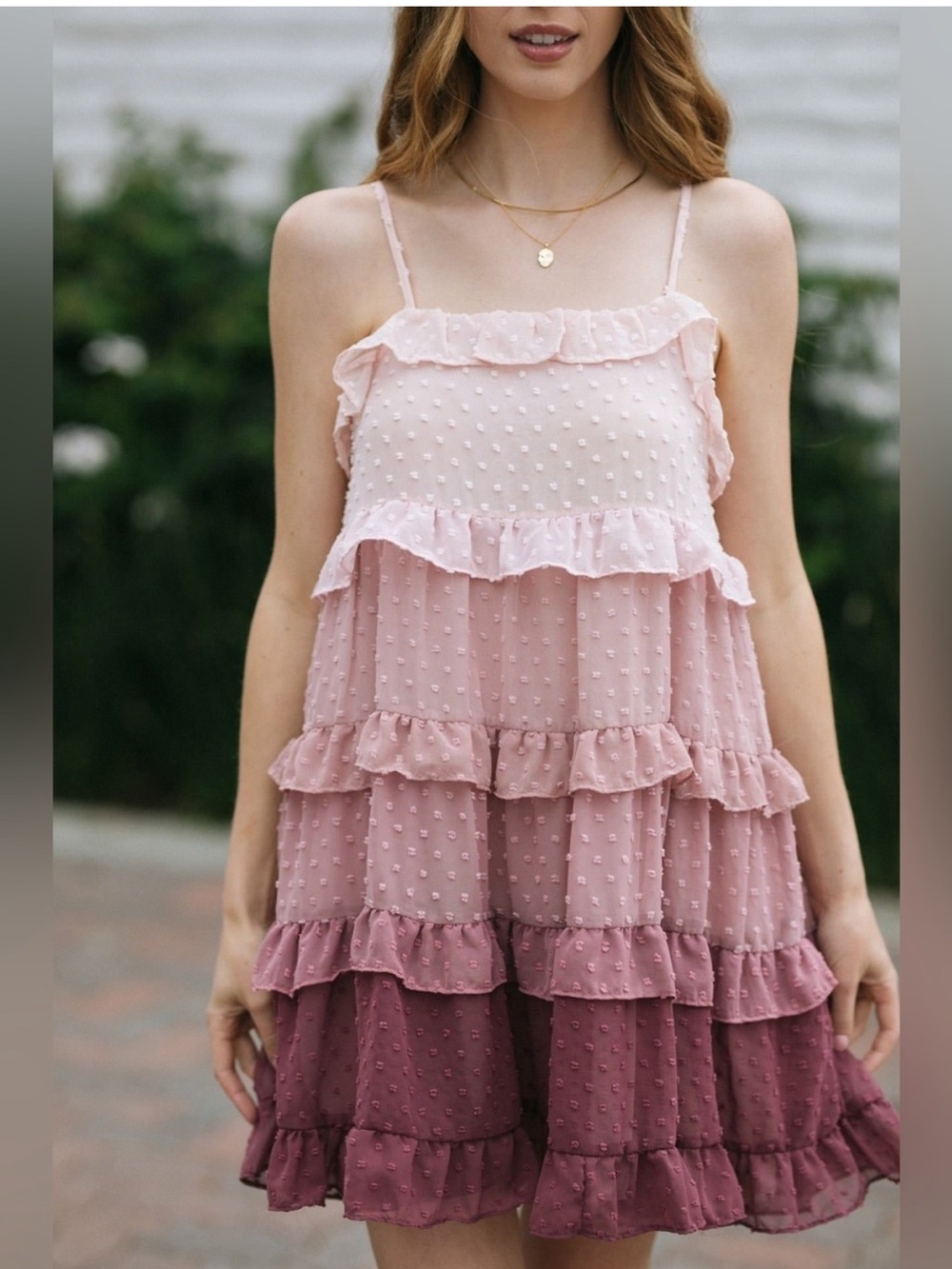 Vestique Tiered Swiss Dot Ruffle Mini Dress in Pink Ombre Size M